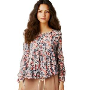 Jane and Delancey Blue White Red Floral Peasant Top Size S